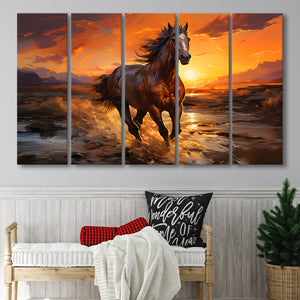 Horse Running In The Sunset Oil Painting V3 5 Panels B Canvas