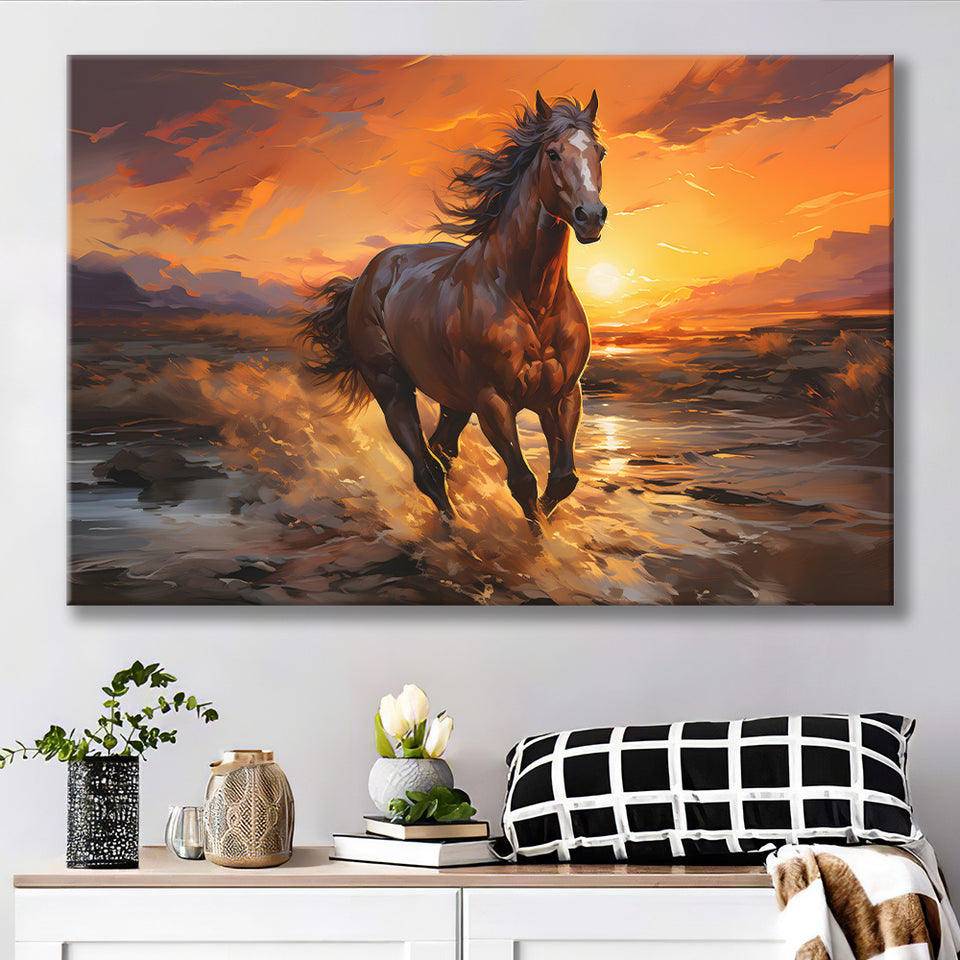Horse Running In The Sunset Oil Painting V3 Framed Canvas Prints Wall –  UnixCanvas