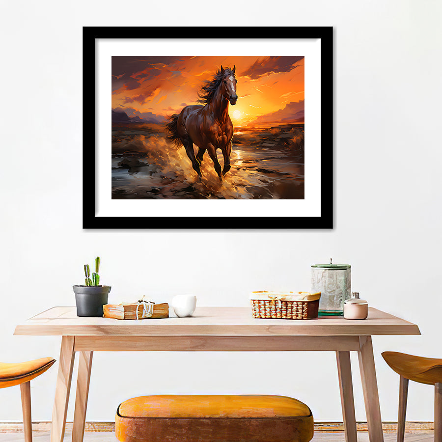 Horse Running In The Sunset Oil Painting V3 Framed Canvas Prints Wall –  UnixCanvas