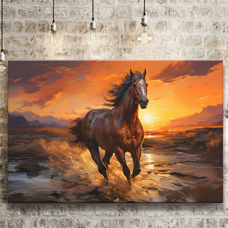 Horse Running In The Sunset Oil Painting V3 Canvas Prints Wall Art Home Decor, Painting Canvas, Living Room Wall Decor