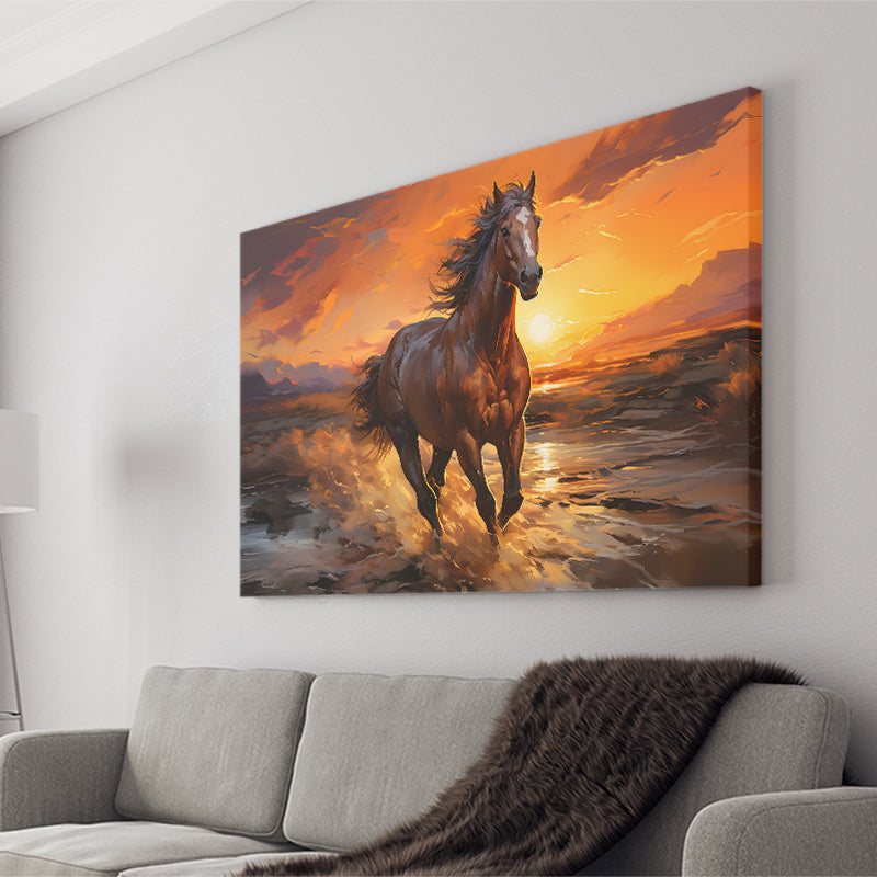 Horse Running In The Sunset Oil Painting V3 Canvas Prints Wall Art Home Decor, Painting Canvas, Living Room Wall Decor