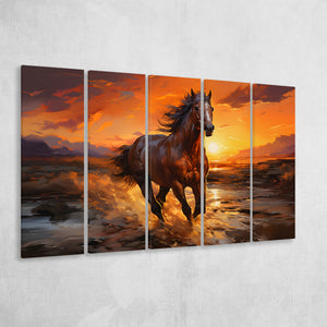 Horse Running In The Sunset Oil Painting V3 5 Panels B Canvas Prints Wall Art Home Decor, Extra Large Canvas