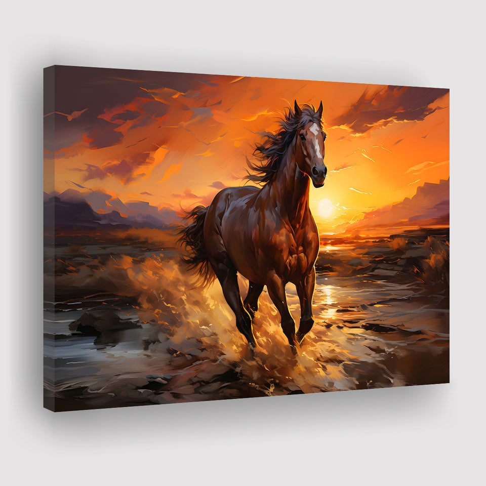 Horse Running In The Sunset Oil Painting V3 Canvas Prints Wall Art Home Decor, Painting Canvas, Living Room Wall Decor
