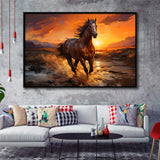 Horse Running In The Sunset Oil Painting V3 Framed Canvas Prints Wall Art Home Decor, Painting Canvas, Floating Frame
