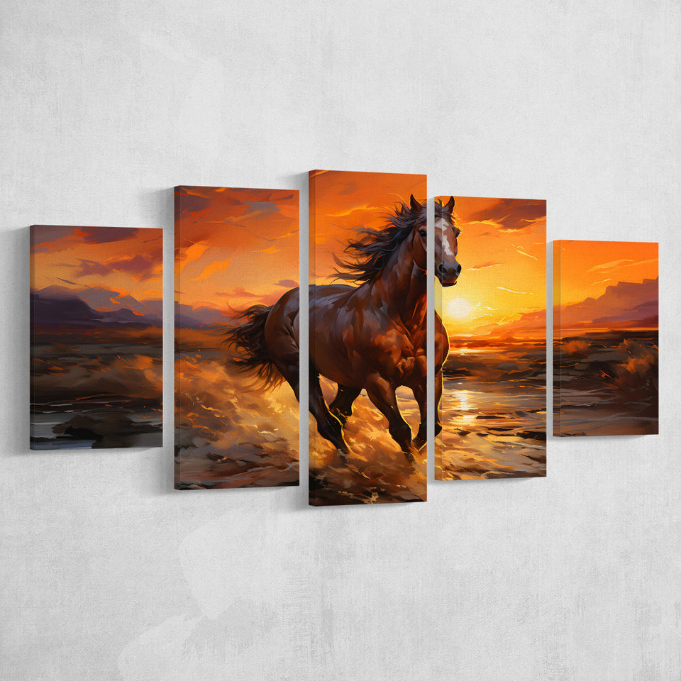 Horse Running In The Sunset Oil Painting V3 5 Panels Canvas Prints Wall Art Home Decor, Large Mixed Canvas