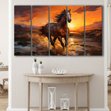 Horse Running In The Sunset Oil Painting V3 5 Panels B Canvas Prints Wall Art Home Decor, Extra Large Canvas
