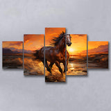Horse Running In The Sunset Oil Painting V3 5 Panels Canvas Prints Wall Art Home Decor, Large Mixed Canvas