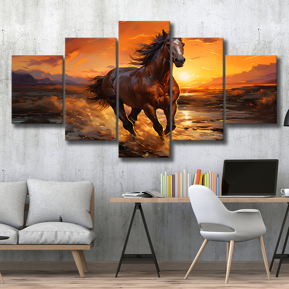 Horse Running In The Sunset Oil Painting V3 5 Panels Canvas Prints Wall Art Home Decor, Large Mixed Canvas