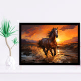Horse Running In The Sunset Oil Painting V3 Framed Art Prints Wall Decor, Painting Art, Framed Picture