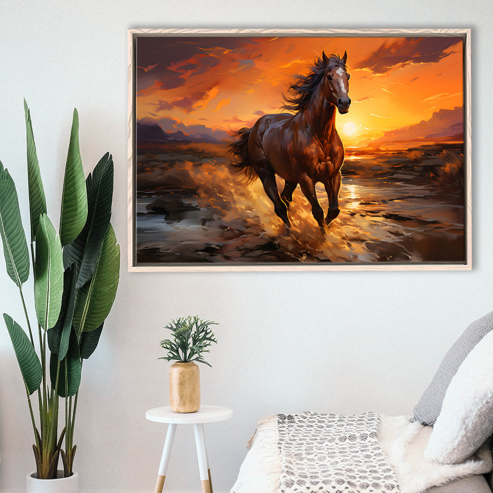 Horse Running In The Sunset Oil Painting V3 Framed Canvas Prints