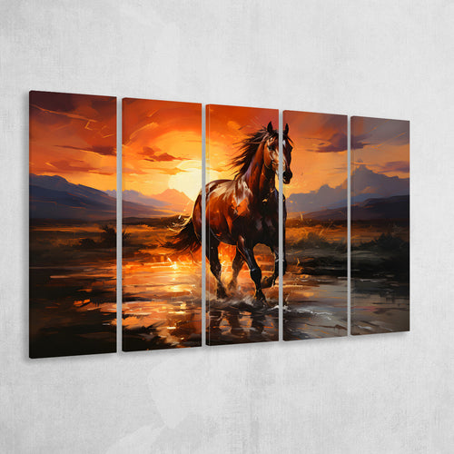 Horse Walking In The Sunset Oil Painting V2 5 Panels B Canvas Prints Wall Art Home Decor, Extra Large Canvas