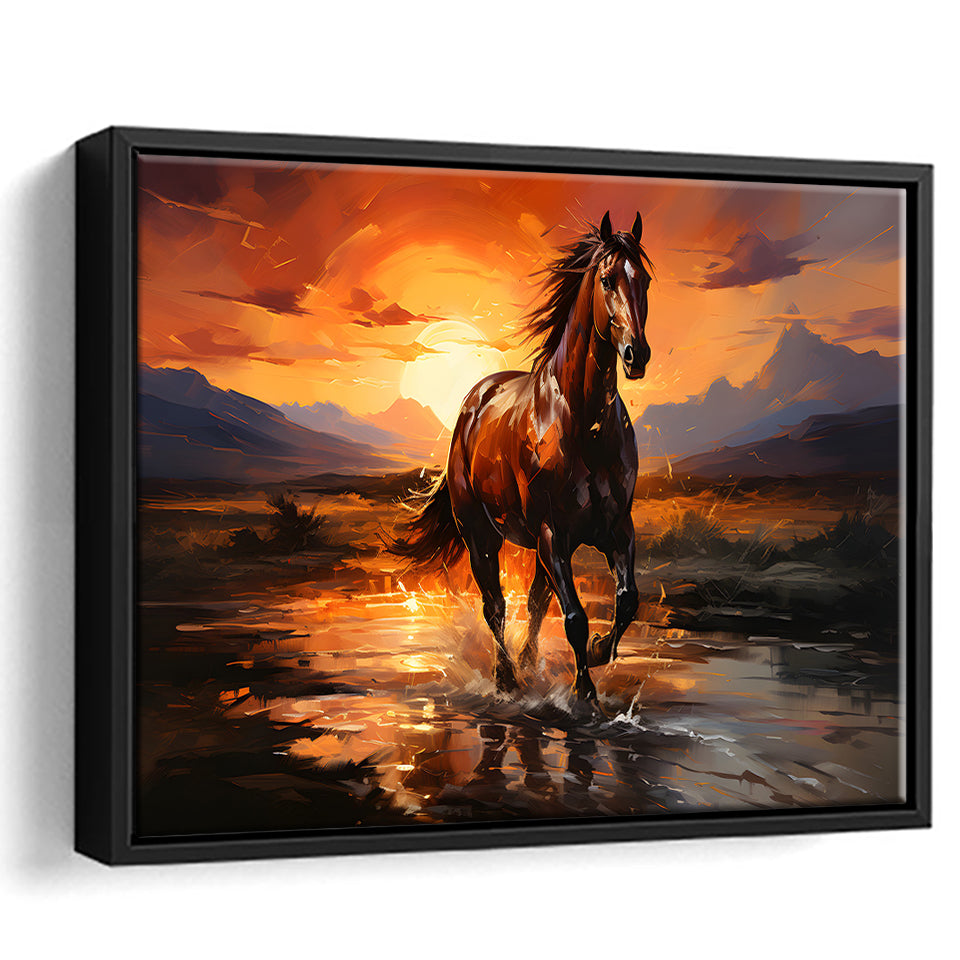 Horse Walking In The Sunset Oil Painting V2 Framed Canvas Prints Wall Art Home Decor, Painting Canvas, Floating Frame