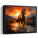 Horse Walking In The Sunset Oil Painting V2 Framed Canvas Prints Wall Art Home Decor, Painting Canvas, Floating Frame