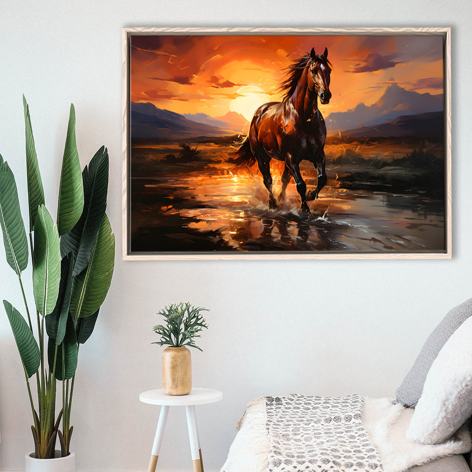 Horse Walking In The Sunset Oil Painting V2 Framed Canvas Prints Wall Art Home Decor, Painting Canvas, Floating Frame