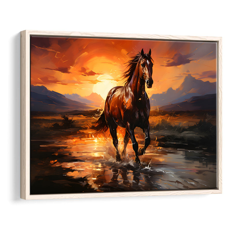 Horse Walking In The Sunset Oil Painting V2 Framed Canvas Prints Wall Art Home Decor, Painting Canvas, Floating Frame
