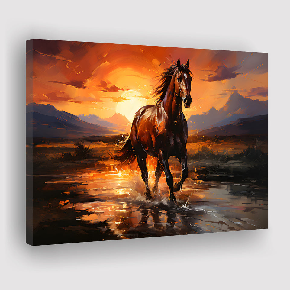 Horse Walking In The Sunset Oil Painting V2 Canvas Prints Wall Art Home Decor, Painting Canvas, Living Room Wall Decor