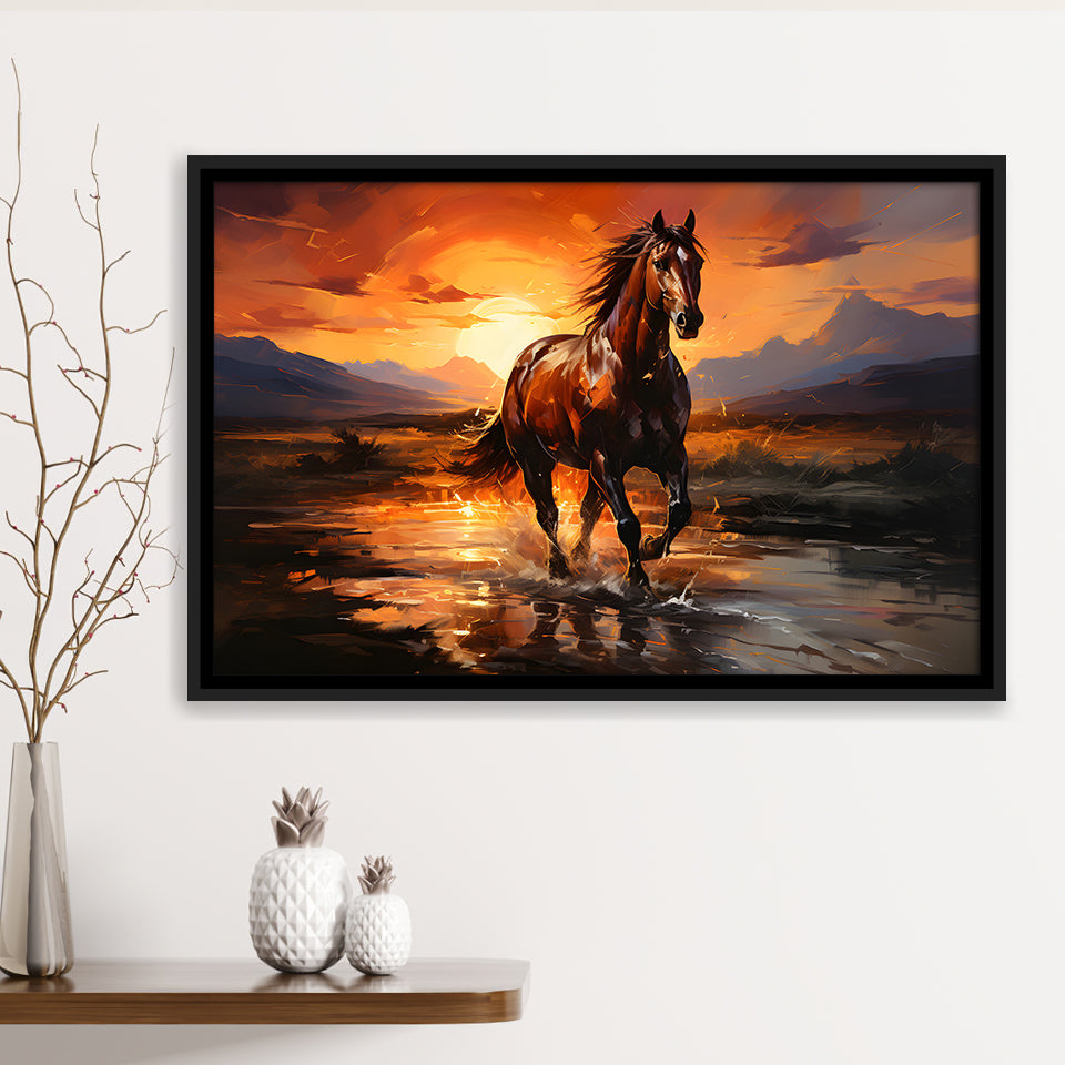 Horse Walking In The Sunset Oil Painting V2 Framed Canvas Prints Wall Art Home Decor, Painting Canvas, Floating Frame