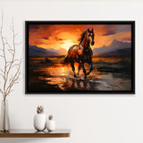 Horse Walking In The Sunset Oil Painting V2 Framed Canvas Prints Wall Art Home Decor, Painting Canvas, Floating Frame