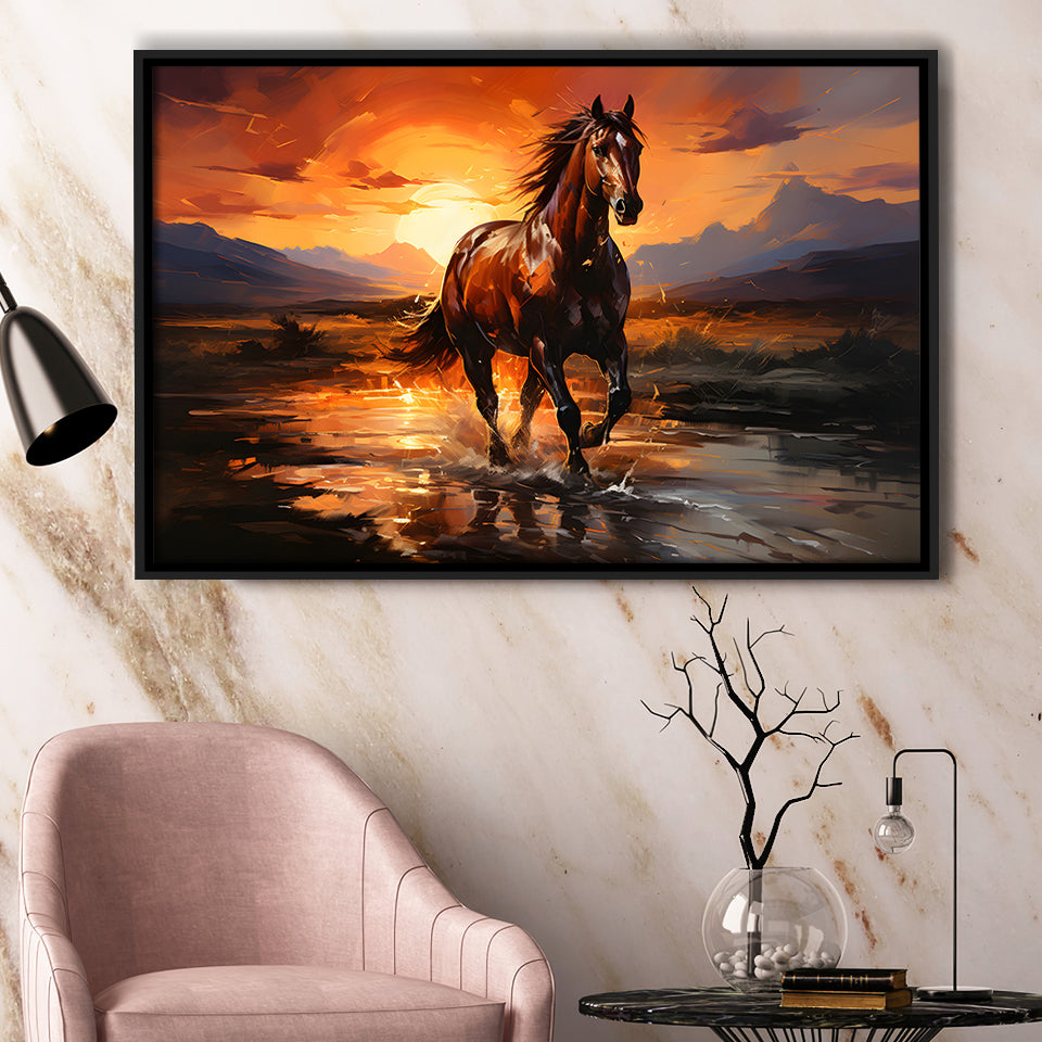 Horse Walking In The Sunset Oil Painting V2 Framed Canvas Prints Wall Art Home Decor, Painting Canvas, Floating Frame