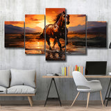 Horse Walking In The Sunset Oil Painting V2 5 Panels Canvas Prints Wall Art Home Decor, Large Mixed Canvas