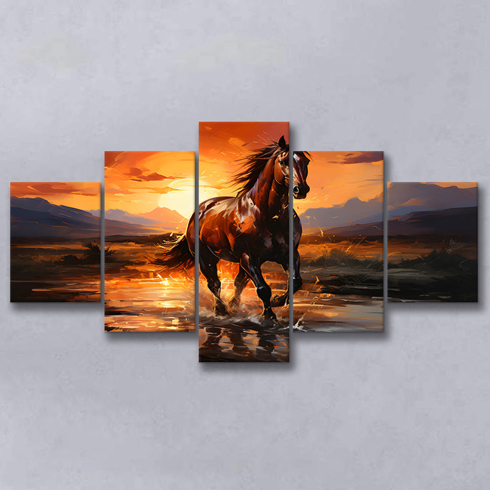 Horse Walking In The Sunset Oil Painting V2 5 Panels Canvas Prints Wall Art Home Decor, Large Mixed Canvas