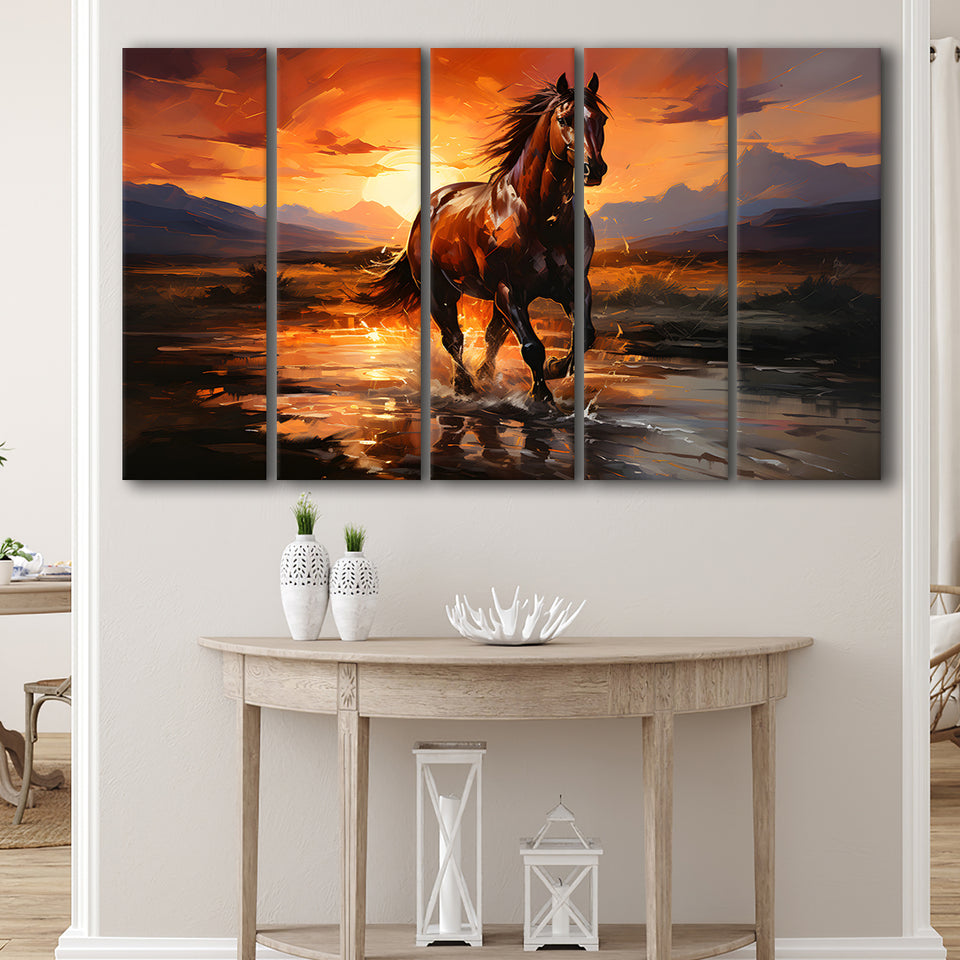 Horse Walking In The Sunset Oil Painting V2 5 Panels B Canvas Prints Wall Art Home Decor, Extra Large Canvas