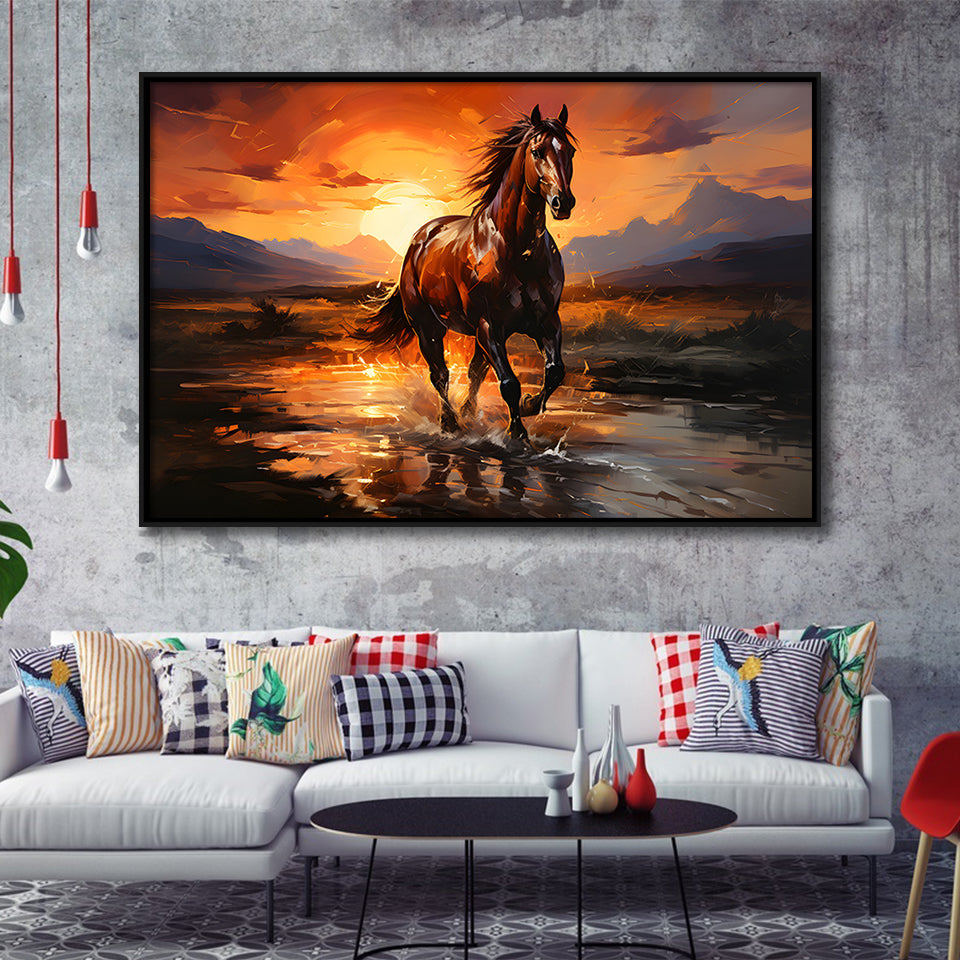 Horse Walking In The Sunset Oil Painting V2 Framed Canvas Prints Wall Art Home Decor, Painting Canvas, Floating Frame