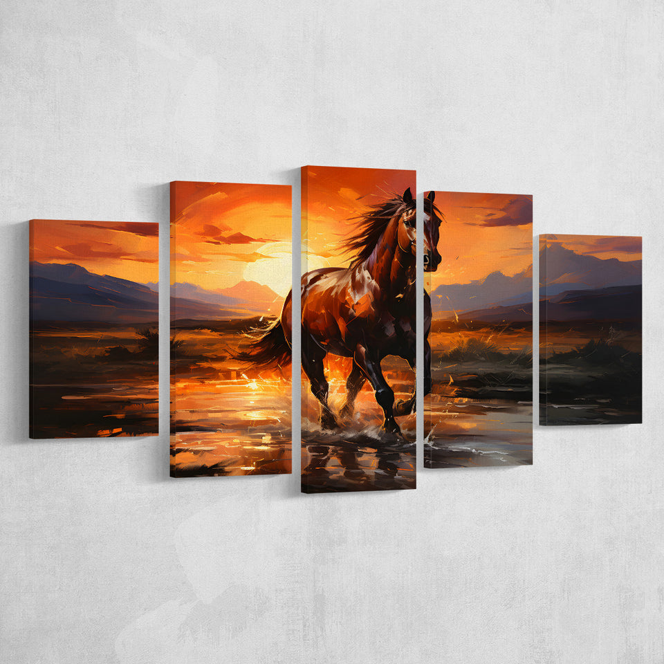 Horse Walking In The Sunset Oil Painting V2 5 Panels Canvas Prints Wall Art Home Decor, Large Mixed Canvas