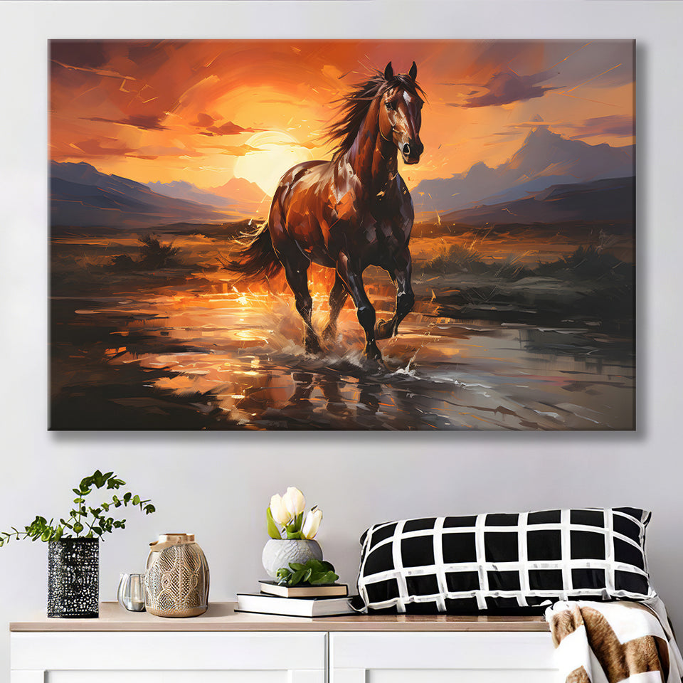 Horse Walking In The Sunset Oil Painting V2 Canvas Prints Wall Art Home Decor, Painting Canvas, Living Room Wall Decor