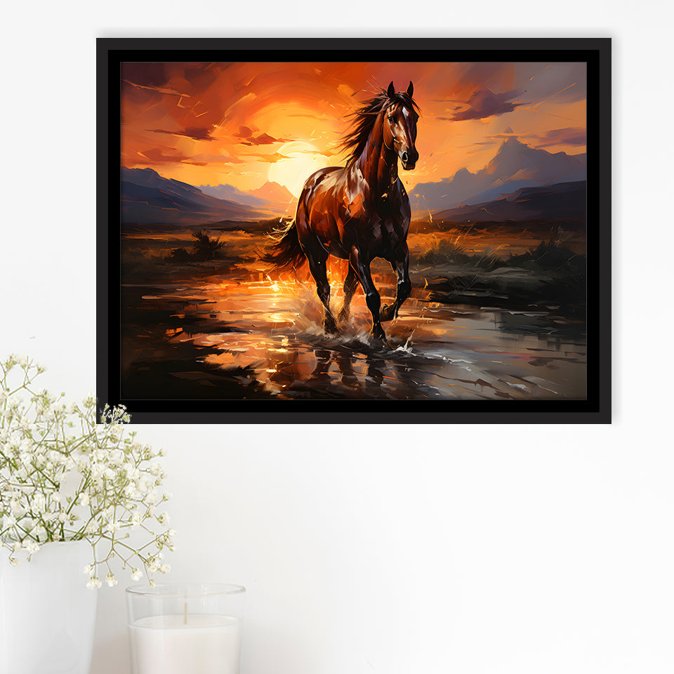 Horse Walking In The Sunset Oil Painting V2 Framed Canvas Prints Wall Art Home Decor, Painting Canvas, Floating Frame