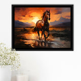 Horse Walking In The Sunset Oil Painting V2 Framed Canvas Prints Wall Art Home Decor, Painting Canvas, Floating Frame
