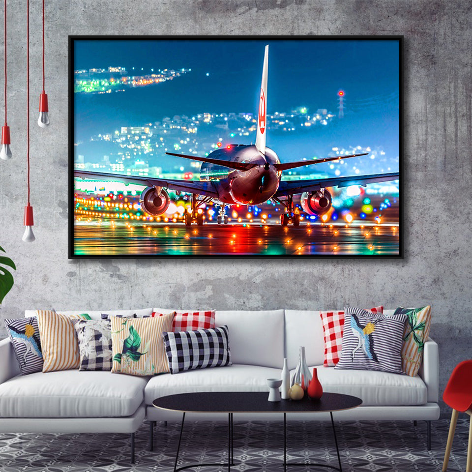 Japan Airlines Jal Runway Night Aeroplane Framed Canvas Prints Wall Art Decor - Painting Canvas, Black Framed Picture