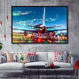 Japan Airlines Jal Runway Night Aeroplane Framed Canvas Prints Wall Art Decor - Painting Canvas, Black Framed Picture