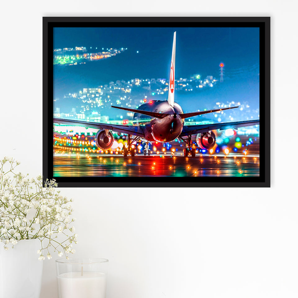 Japan Airlines Jal Runway Night Aeroplane Framed Canvas Prints Wall Art Decor - Painting Canvas, Black Framed Picture