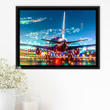 Japan Airlines Jal Runway Night Aeroplane Framed Canvas Prints Wall Art Decor - Painting Canvas, Black Framed Picture