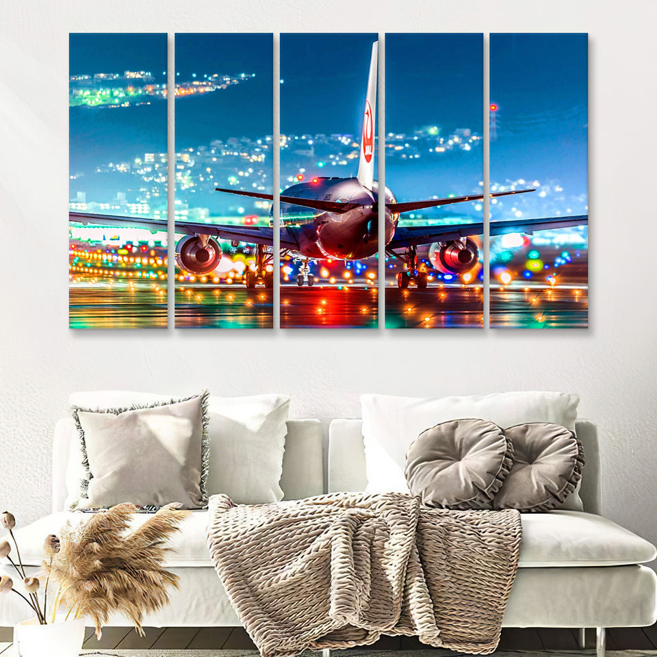 Japan Airlines Jal Runway Night Aeroplane 5 Piece B Canvas Prints Wall Art Decor - Painting Canvas, Multi Panels