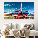 Japan Airlines Jal Runway Night Aeroplane 5 Piece B Canvas Prints Wall Art Decor - Painting Canvas, Multi Panels