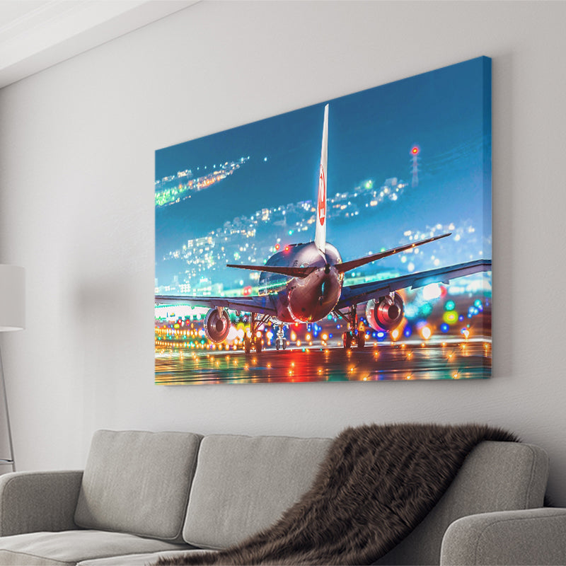 Japan Airlines Jal Runway Night Aeroplane Canvas Prints Wall Art Decor - Painting Canvas, Art Prints, Ready to Hang