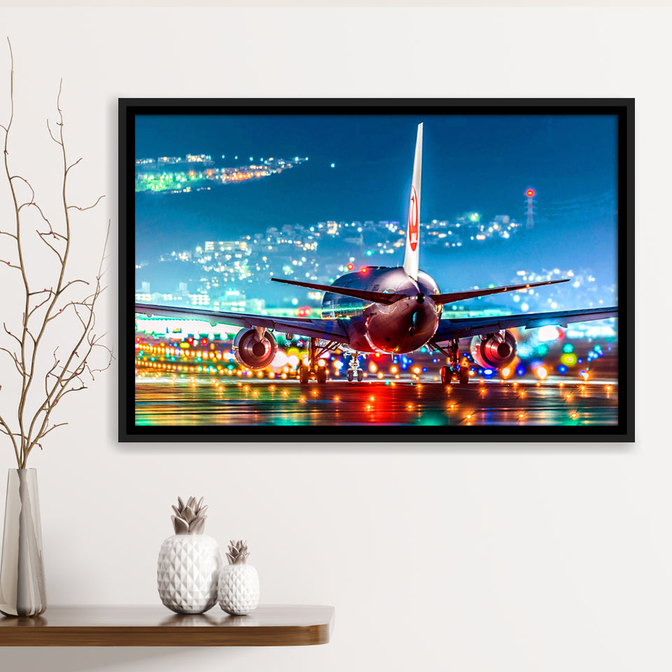 Japan Airlines Jal Runway Night Aeroplane Framed Canvas Prints Wall Art Decor - Painting Canvas, Black Framed Picture