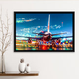 Japan Airlines Jal Runway Night Aeroplane Framed Canvas Prints Wall Art Decor - Painting Canvas, Black Framed Picture
