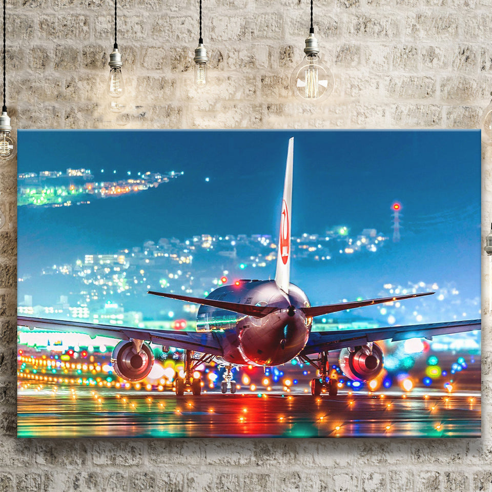 Japan Airlines Jal Runway Night Aeroplane Canvas Prints Wall Art Decor - Painting Canvas, Art Prints, Ready to Hang