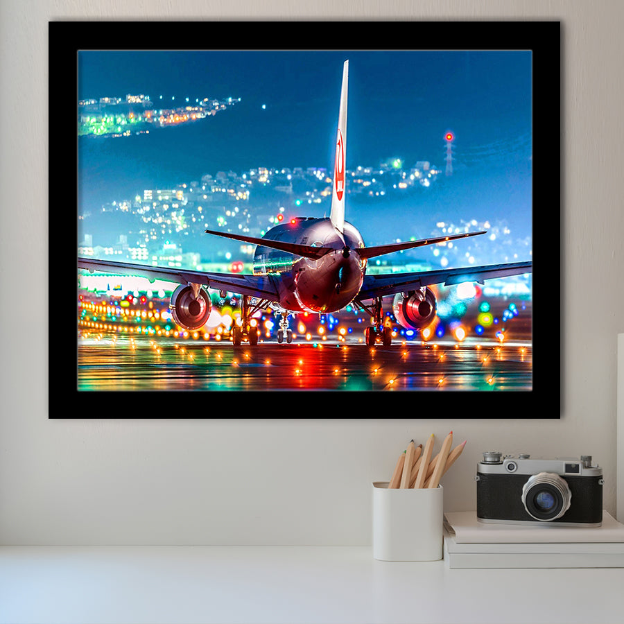 Japan Airlines Jal Runway Night Aeroplane Framed Art Prints Wall Decor - Painting Art, Framed Picture, Ready to Hang