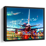 Japan Airlines Jal Runway Night Aeroplane Framed Canvas Prints Wall Art Decor - Painting Canvas, Black Framed Picture