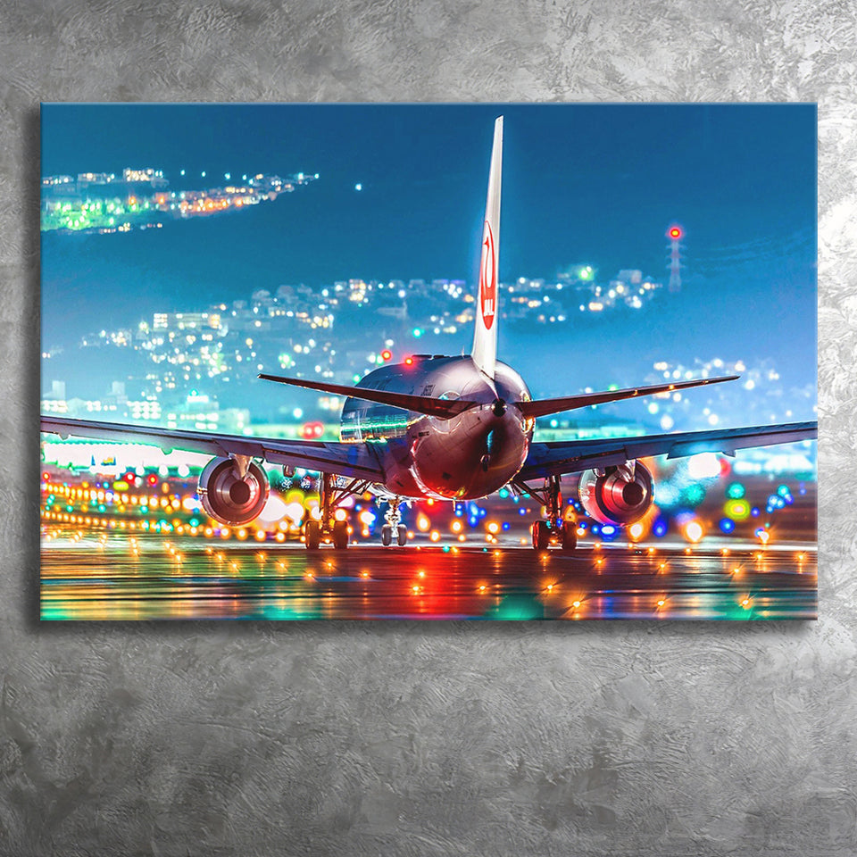 Japan Airlines Jal Runway Night Aeroplane Canvas Prints Wall Art Decor - Painting Canvas, Art Prints, Ready to Hang