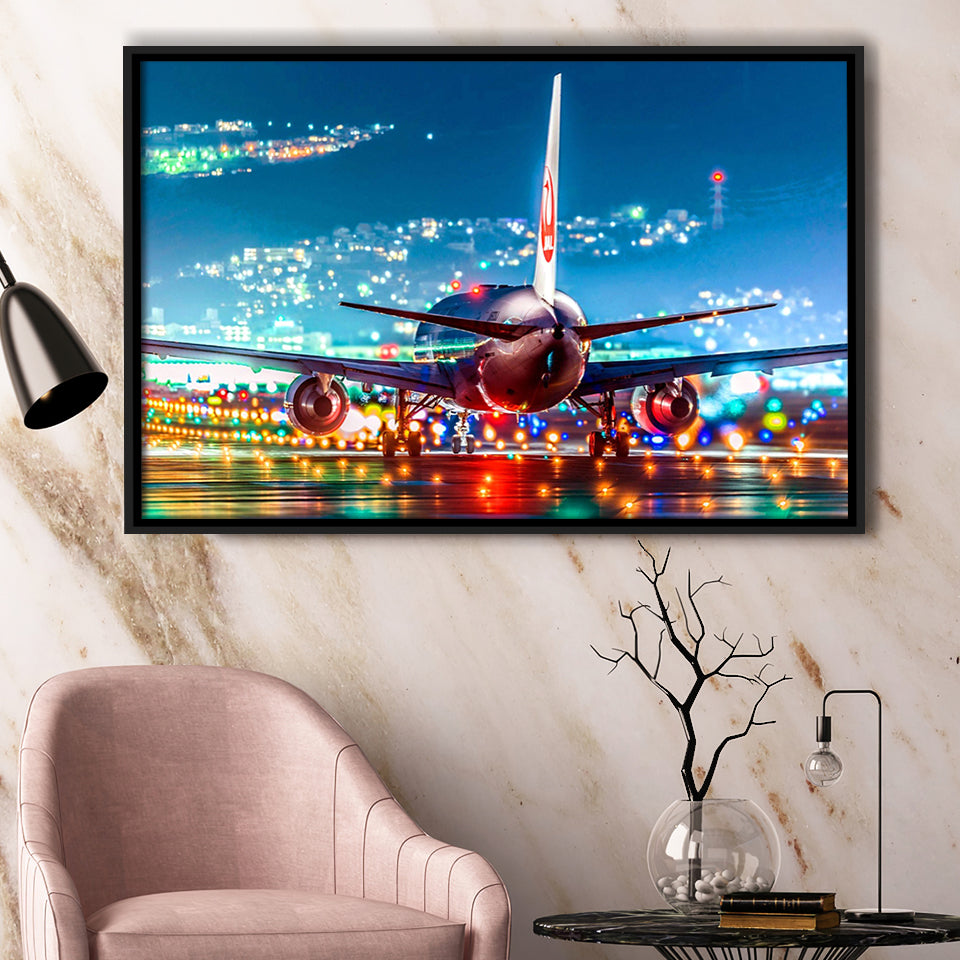 Japan Airlines Jal Runway Night Aeroplane Framed Canvas Prints Wall Art Decor - Painting Canvas, Black Framed Picture