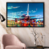 Japan Airlines Jal Runway Night Aeroplane Framed Canvas Prints Wall Art Decor - Painting Canvas, Black Framed Picture