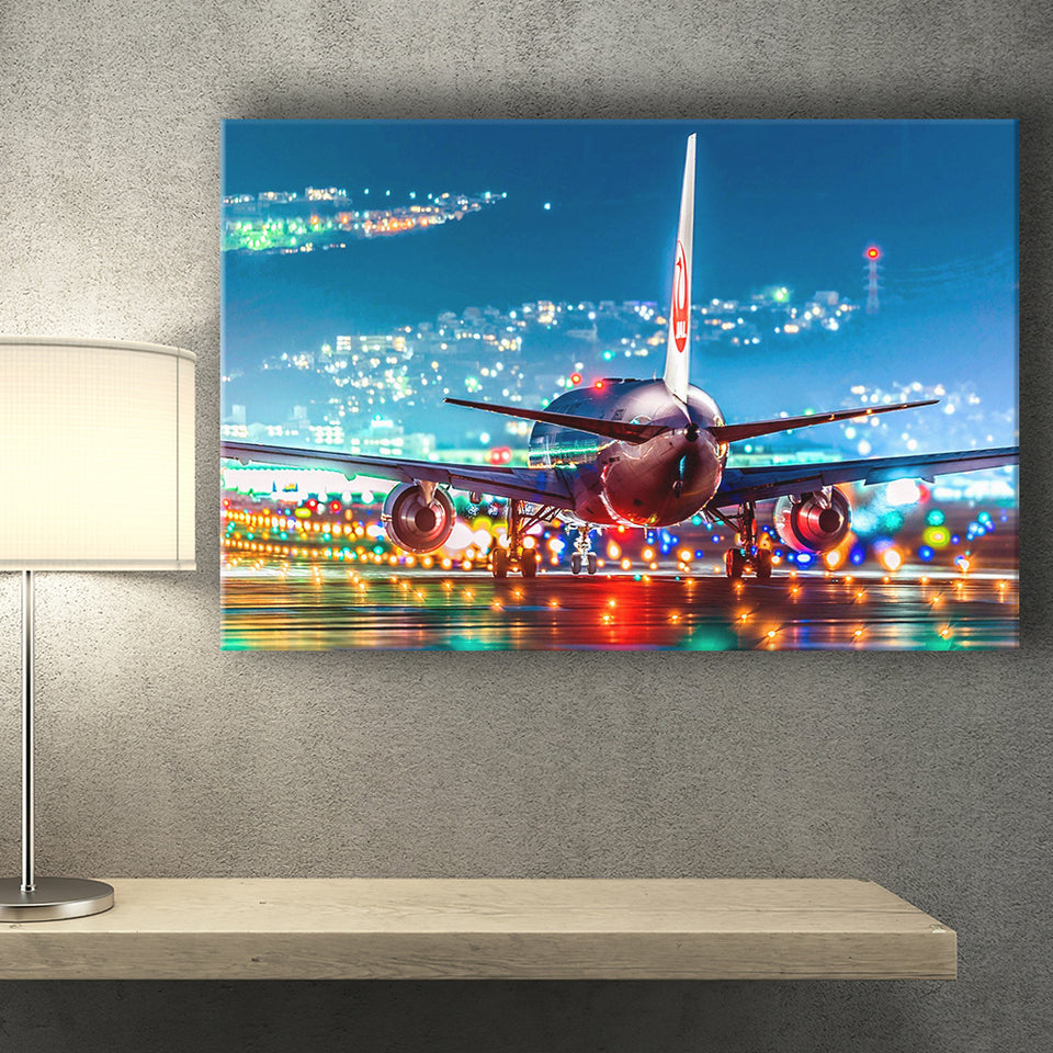 Japan Airlines Jal Runway Night Aeroplane Canvas Prints Wall Art Decor - Painting Canvas, Art Prints, Ready to Hang