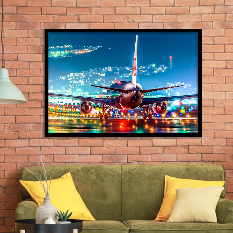 Japan Airlines Jal Runway Night Aeroplane Framed Art Prints Wall Decor - Painting Art, Framed Picture, Ready to Hang