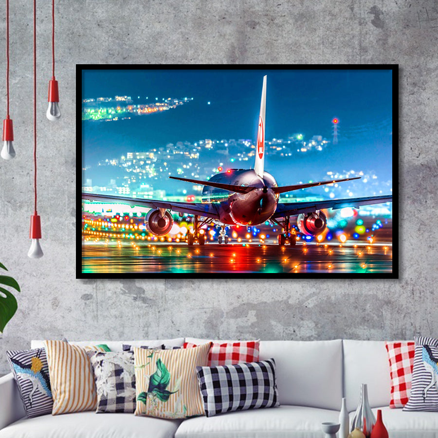 Japan Airlines Jal Runway Night Aeroplane Framed Art Prints Wall Decor - Painting Art, Framed Picture, Ready to Hang