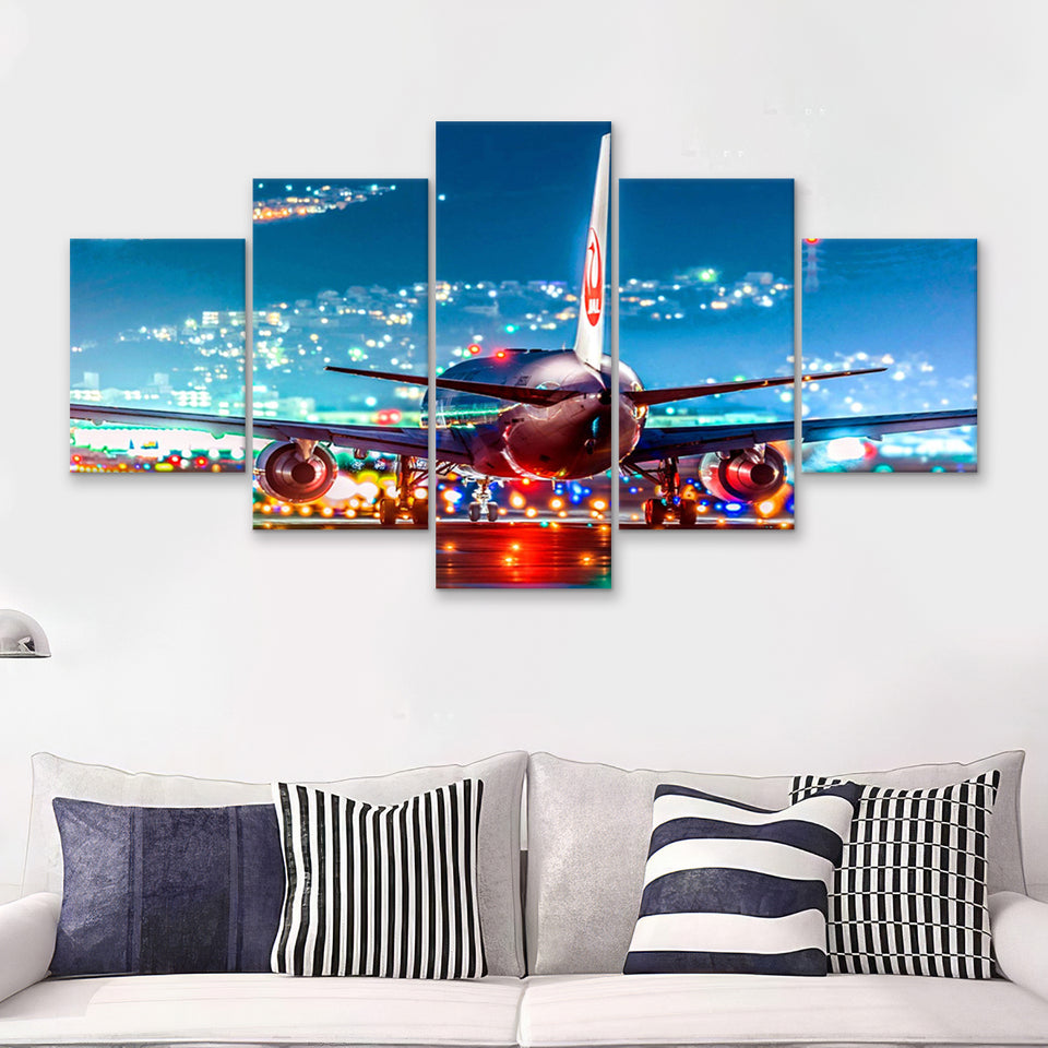 Japan Airlines Jal Runway Night Aeroplane 5 Piece Canvas Prints Wall Art Decor - Painting Canvas, Multi Panels